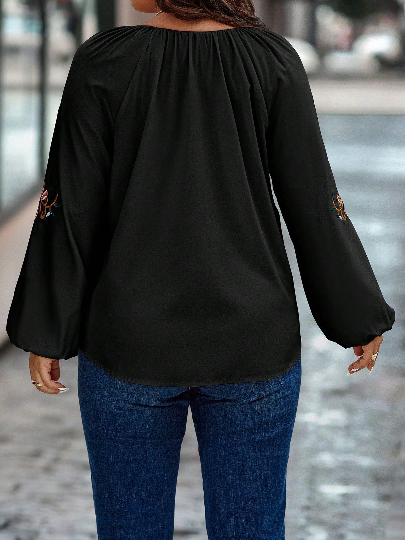 EMERY ROSE Plus Size Shirt With Floral Embroidery, Notched Neckline, And Lantern Sleeves Fall Cloth For Women