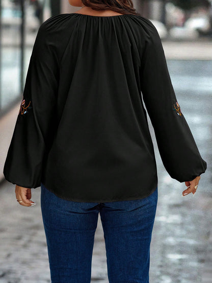 EMERY ROSE Plus Size Shirt With Floral Embroidery, Notched Neckline, And Lantern Sleeves Fall Cloth For Women