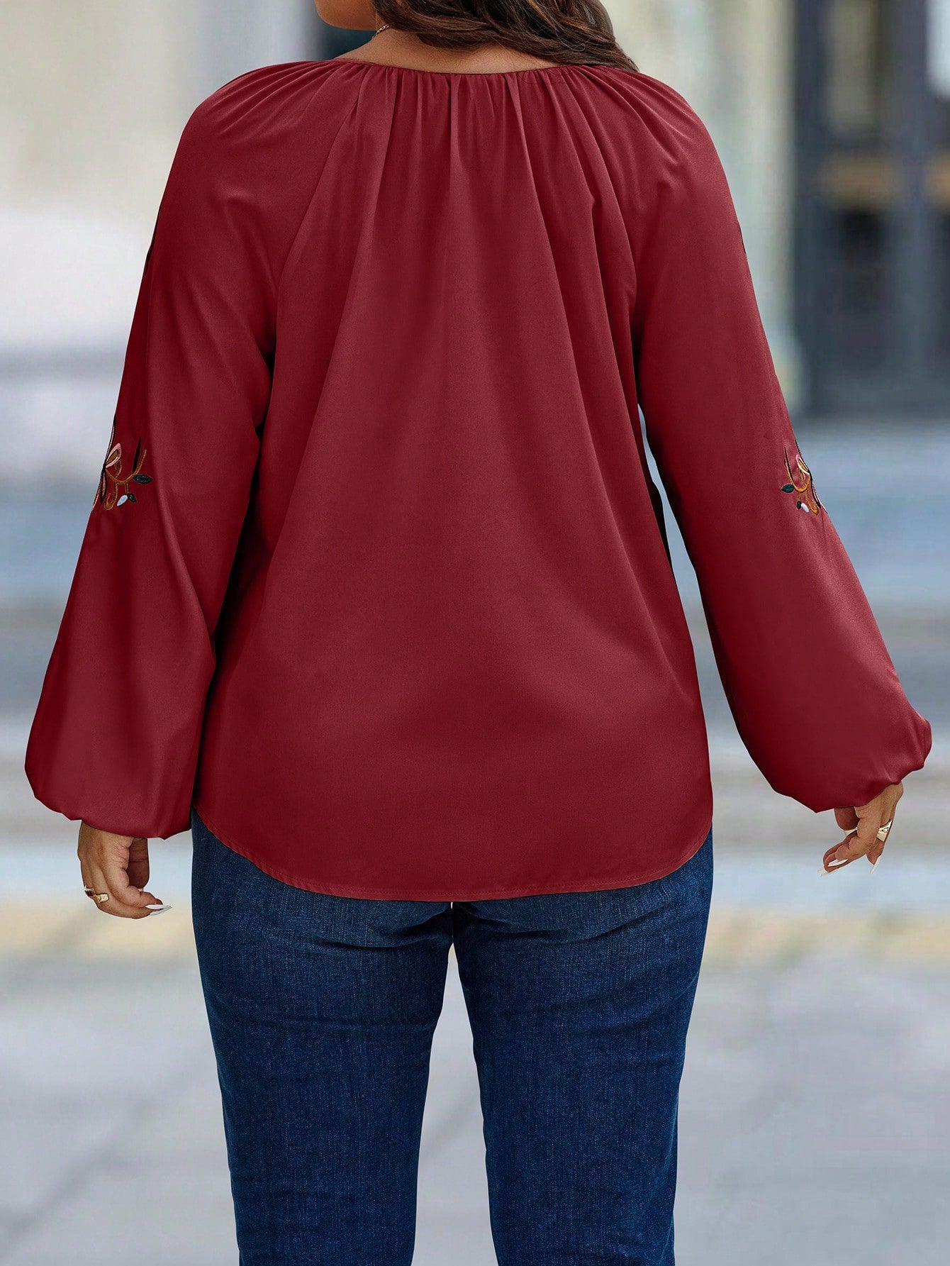 EMERY ROSE Plus Size Shirt With Floral Embroidery, Notched Neckline, And Lantern Sleeves Fall Cloth For Women