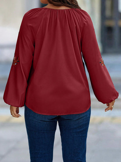 EMERY ROSE Plus Size Shirt With Floral Embroidery, Notched Neckline, And Lantern Sleeves Fall Cloth For Women
