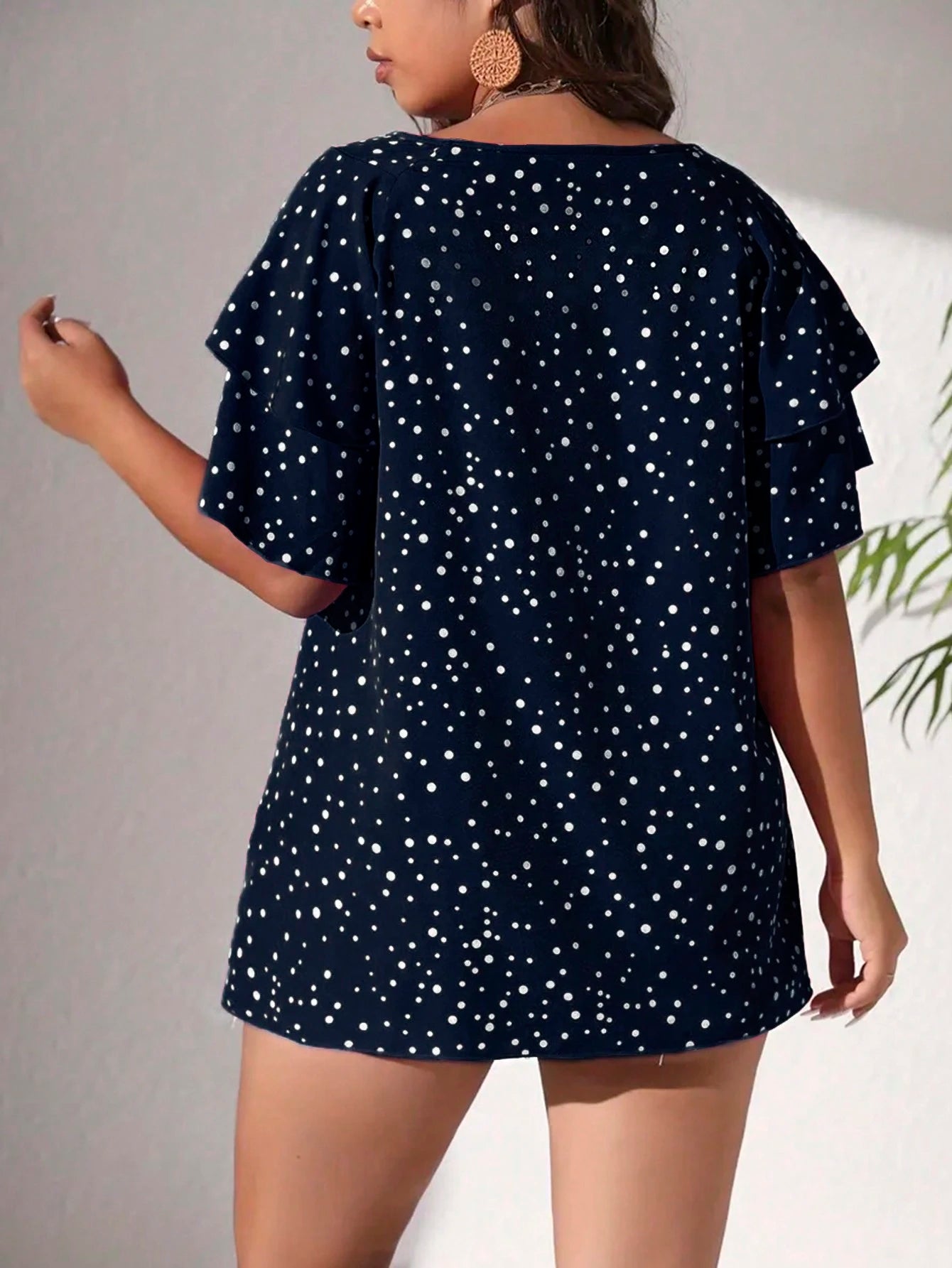 EMERY ROSE Plus Size Vacation Casual Polka Dot Print Blouse With Ruffle Hem, Summer