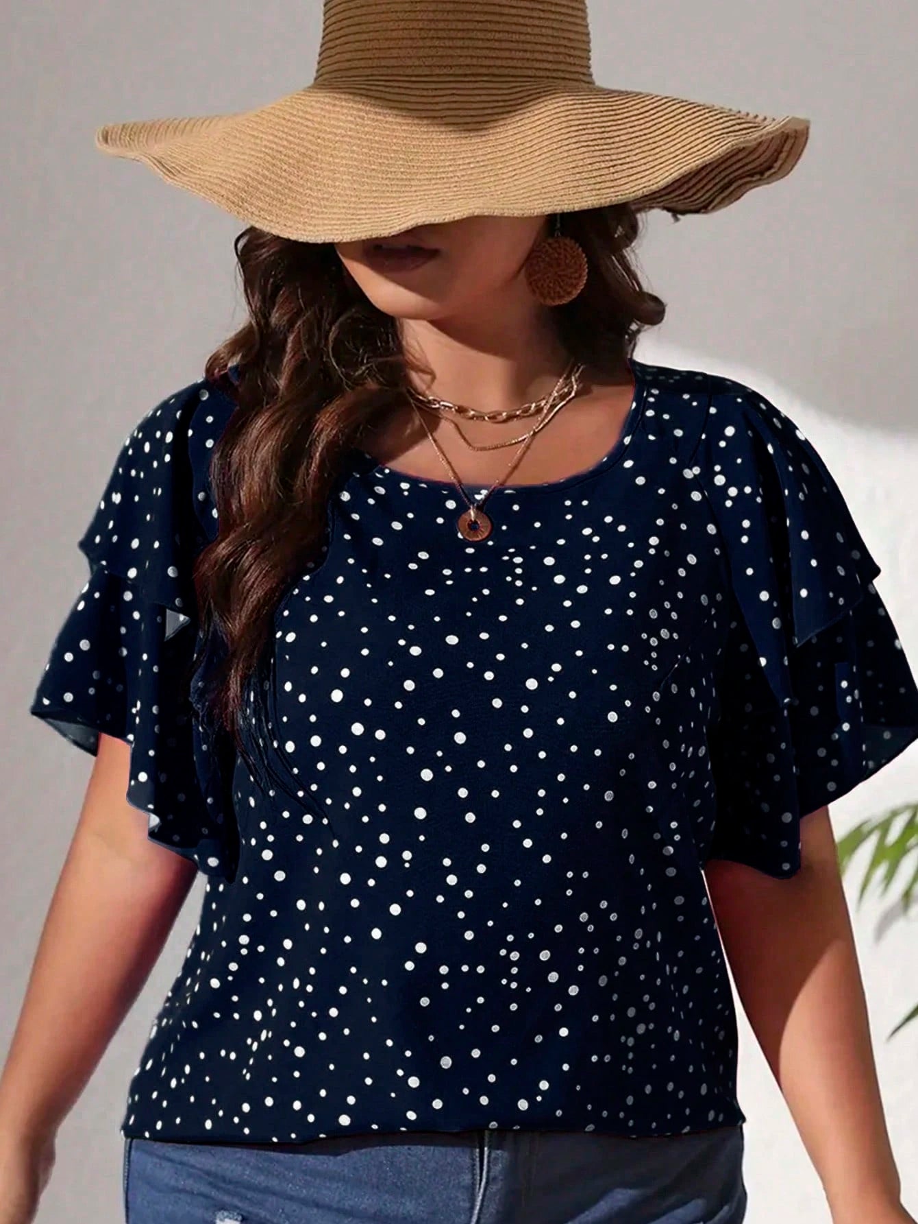 EMERY ROSE Plus Size Vacation Casual Polka Dot Print Blouse With Ruffle Hem, Summer