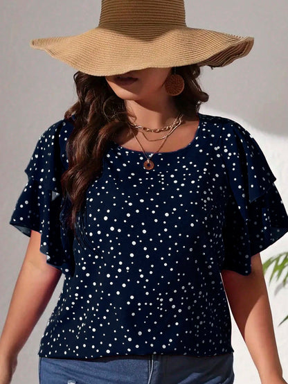 EMERY ROSE Plus Size Vacation Casual Polka Dot Print Blouse With Ruffle Hem, Summer