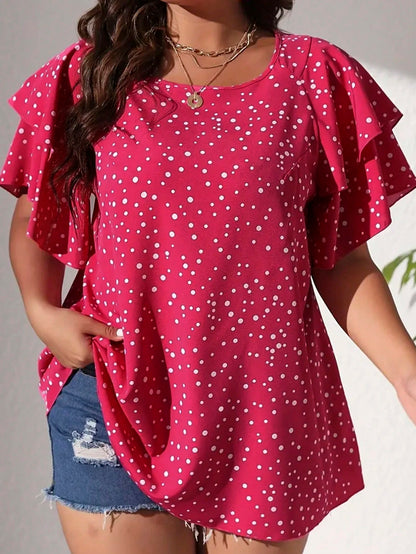 EMERY ROSE Plus Size Vacation Casual Polka Dot Print Blouse With Ruffle Hem, Summer