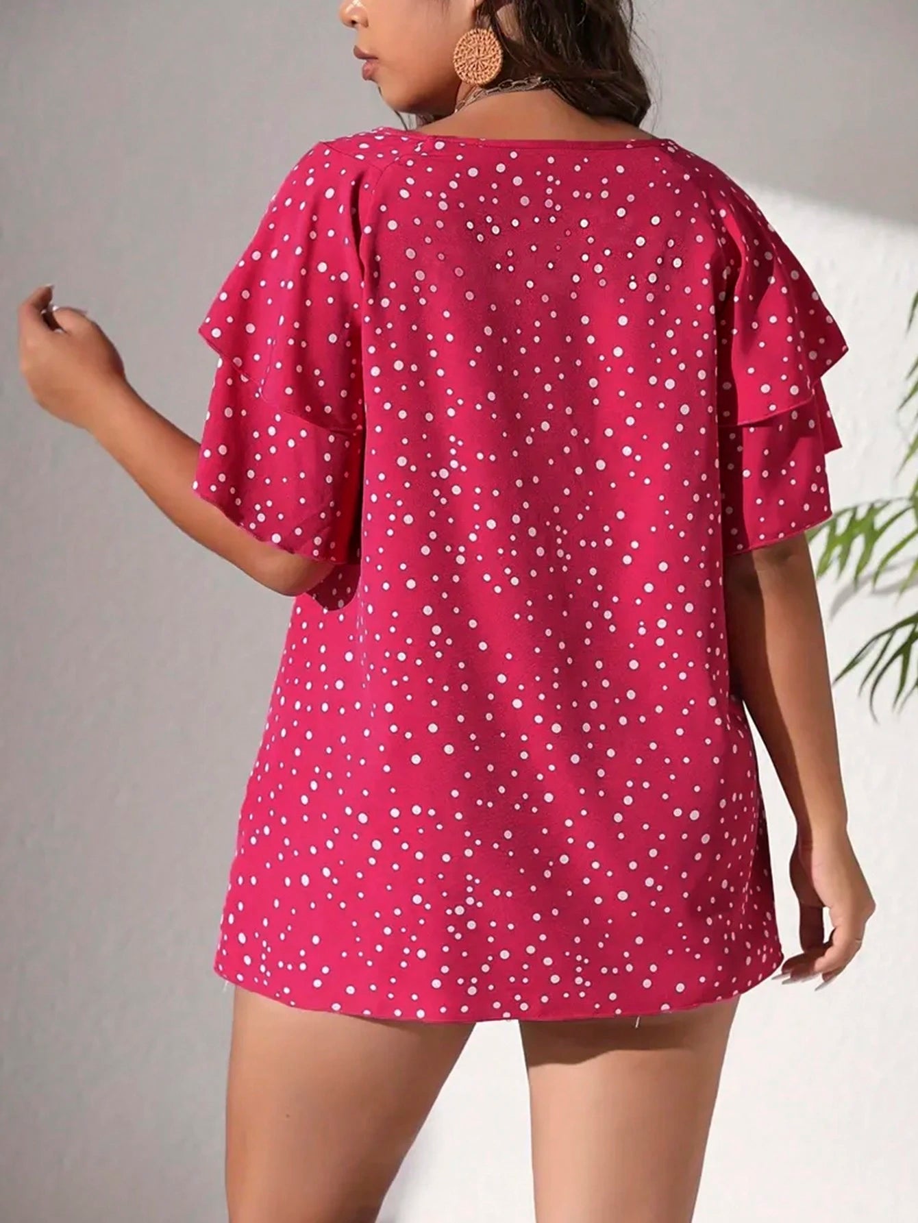 EMERY ROSE Plus Size Vacation Casual Polka Dot Print Blouse With Ruffle Hem, Summer