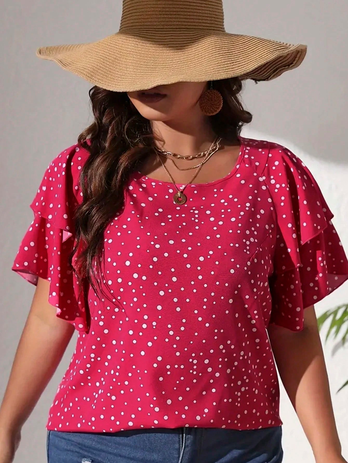 EMERY ROSE Plus Size Vacation Casual Polka Dot Print Blouse With Ruffle Hem, Summer