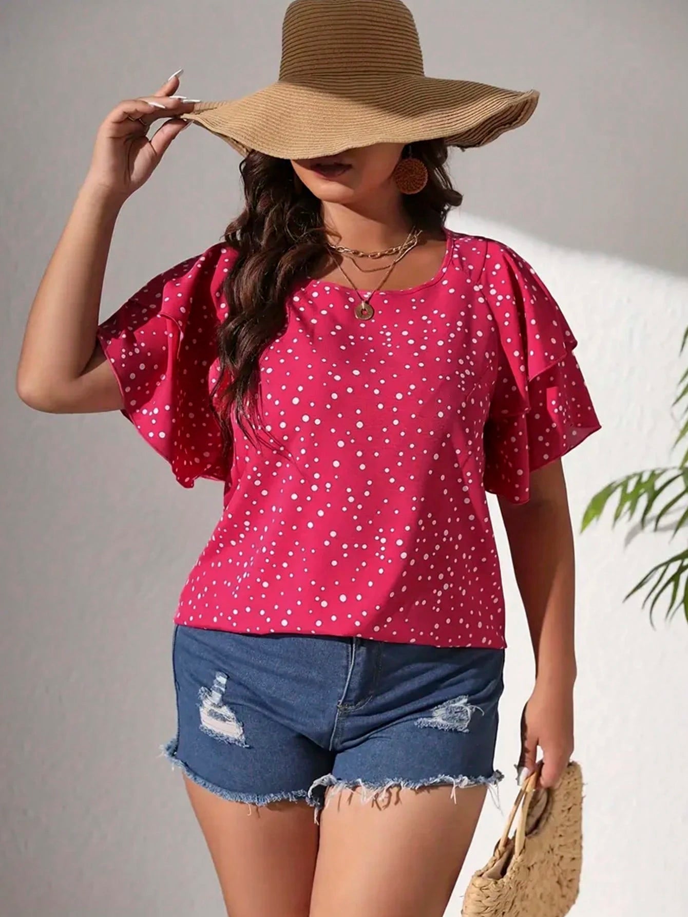 EMERY ROSE Plus Size Vacation Casual Polka Dot Print Blouse With Ruffle Hem, Summer