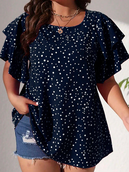 EMERY ROSE Plus Size Vacation Casual Polka Dot Print Blouse With Ruffle Hem, Summer