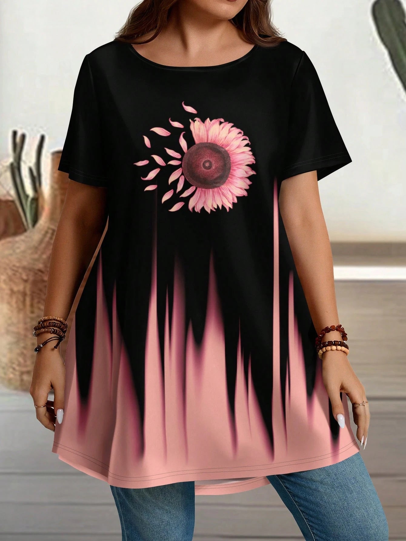 EMERY ROSE Plus Size Women Crew Neck Short Sleeve Long Length T-Shirt,Pastel Pink Flower Print,Boho Chic Western Wear For Summer,Vacation Casual Country Concert