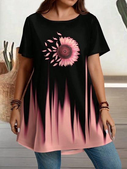 EMERY ROSE Plus Size Women Crew Neck Short Sleeve Long Length T-Shirt,Pastel Pink Flower Print,Boho Chic Western Wear For Summer,Vacation Casual Country Concert