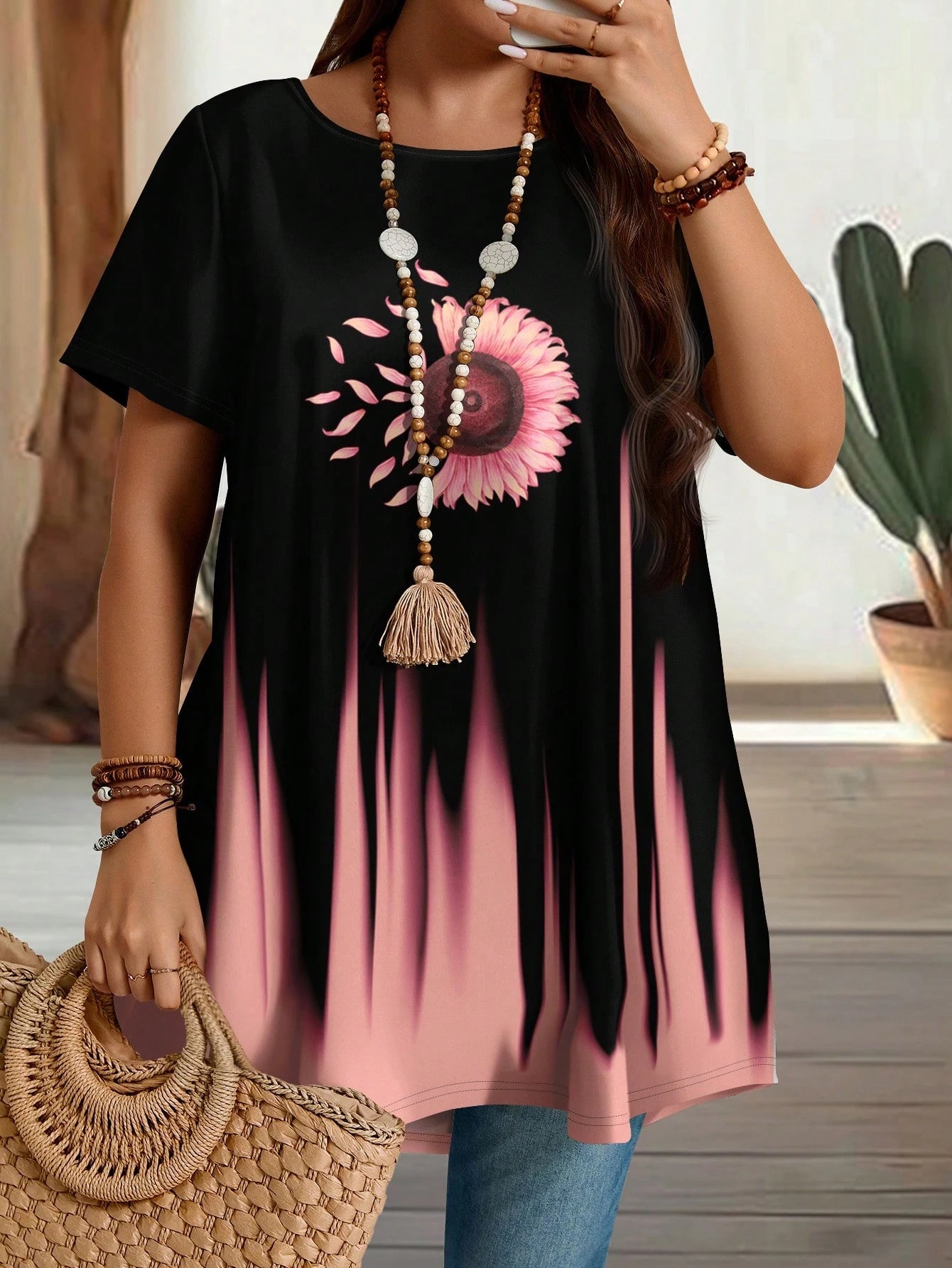 EMERY ROSE Plus Size Women Crew Neck Short Sleeve Long Length T-Shirt,Pastel Pink Flower Print,Boho Chic Western Wear For Summer,Vacation Casual Country Concert