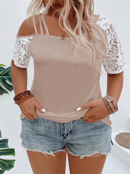 EMERY ROSE Plus Size Women's Asymmetrical Neck Lace Short Sleeve Casual T-Shirt, Spring/Summer