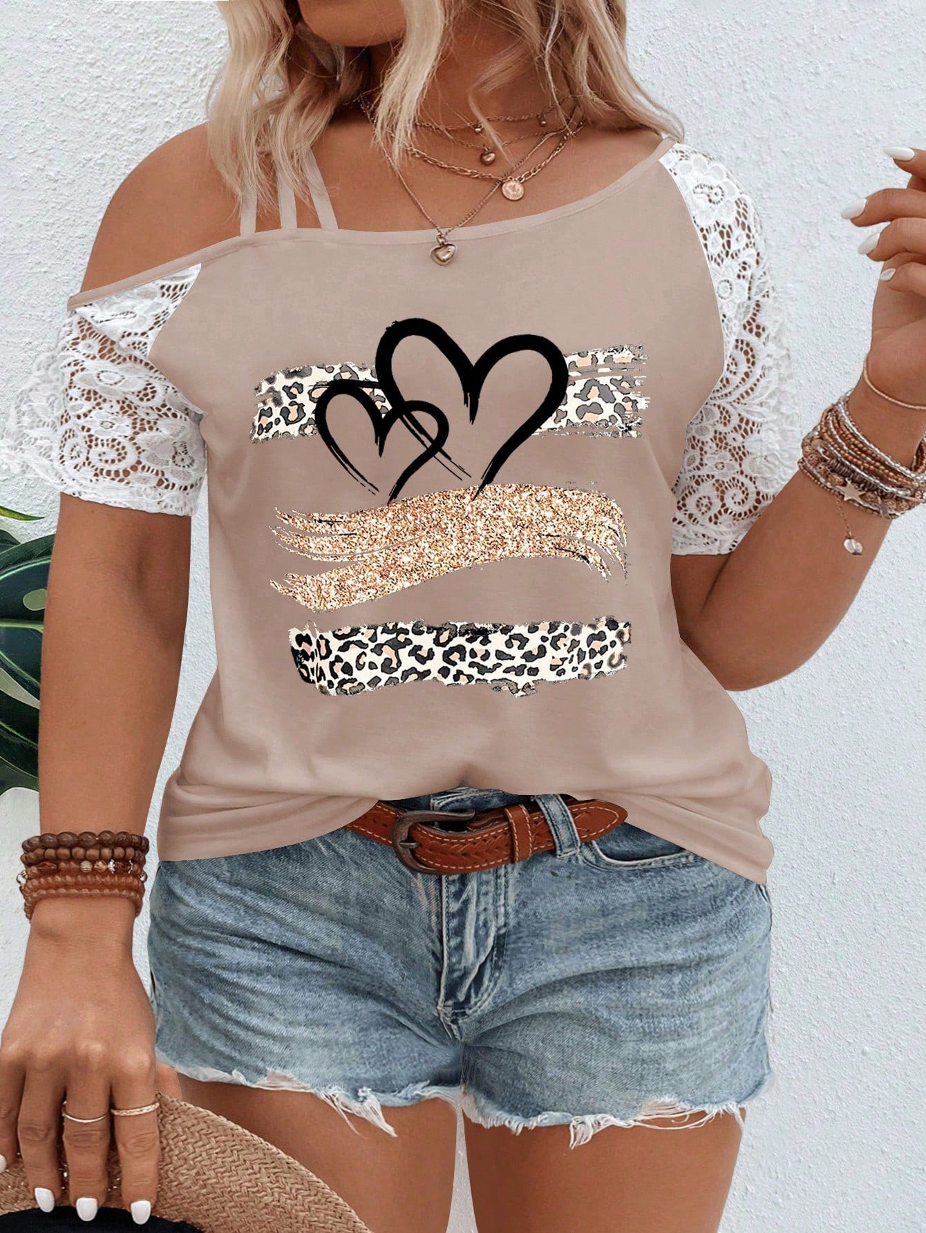 EMERY ROSE Plus Size Women's Asymmetrical Neck Lace Short Sleeve Casual T-Shirt, Spring/Summer