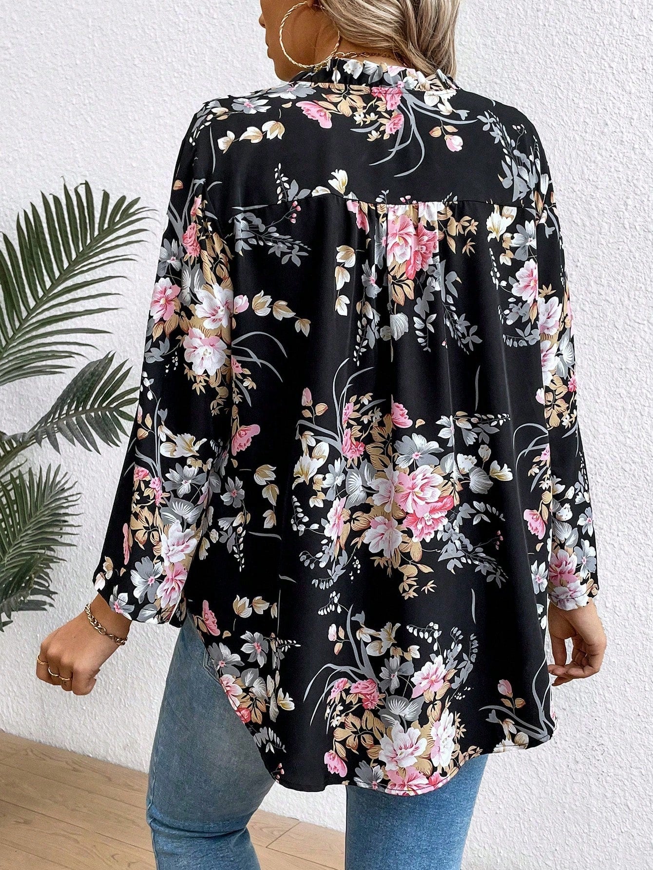 EMERY ROSE Plus Size Women's Floral Print Ruffle Sleeve Shirt Fall Cloth For Women