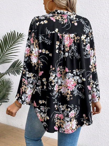 EMERY ROSE Plus Size Women's Floral Print Ruffle Sleeve Shirt Fall Cloth For Women
