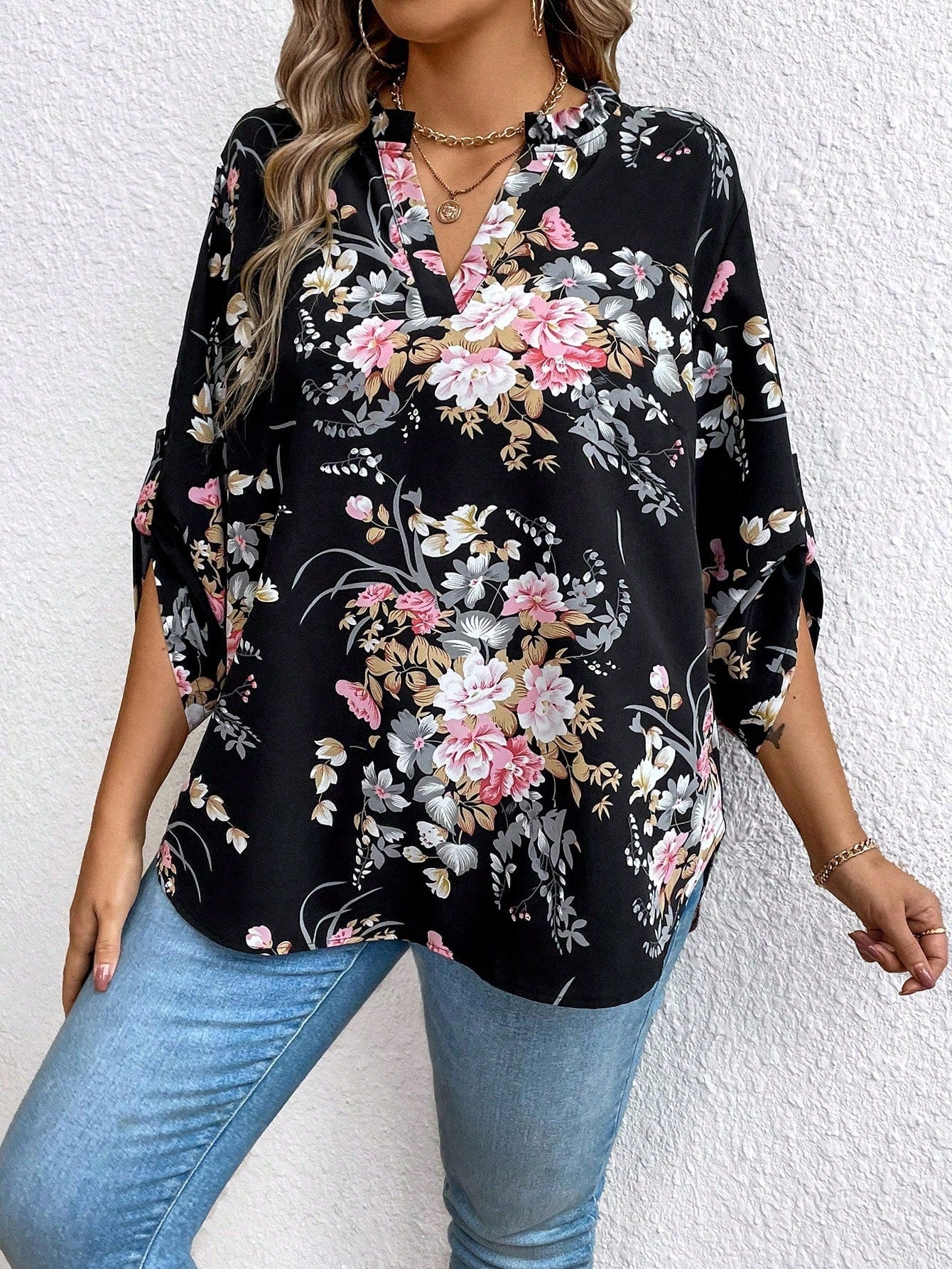 EMERY ROSE Plus Size Women's Floral Print Ruffle Sleeve Shirt Fall Cloth For Women