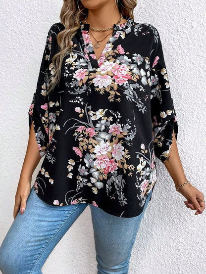 EMERY ROSE Plus Size Women's Floral Print Ruffle Sleeve Shirt Fall Cloth For Women