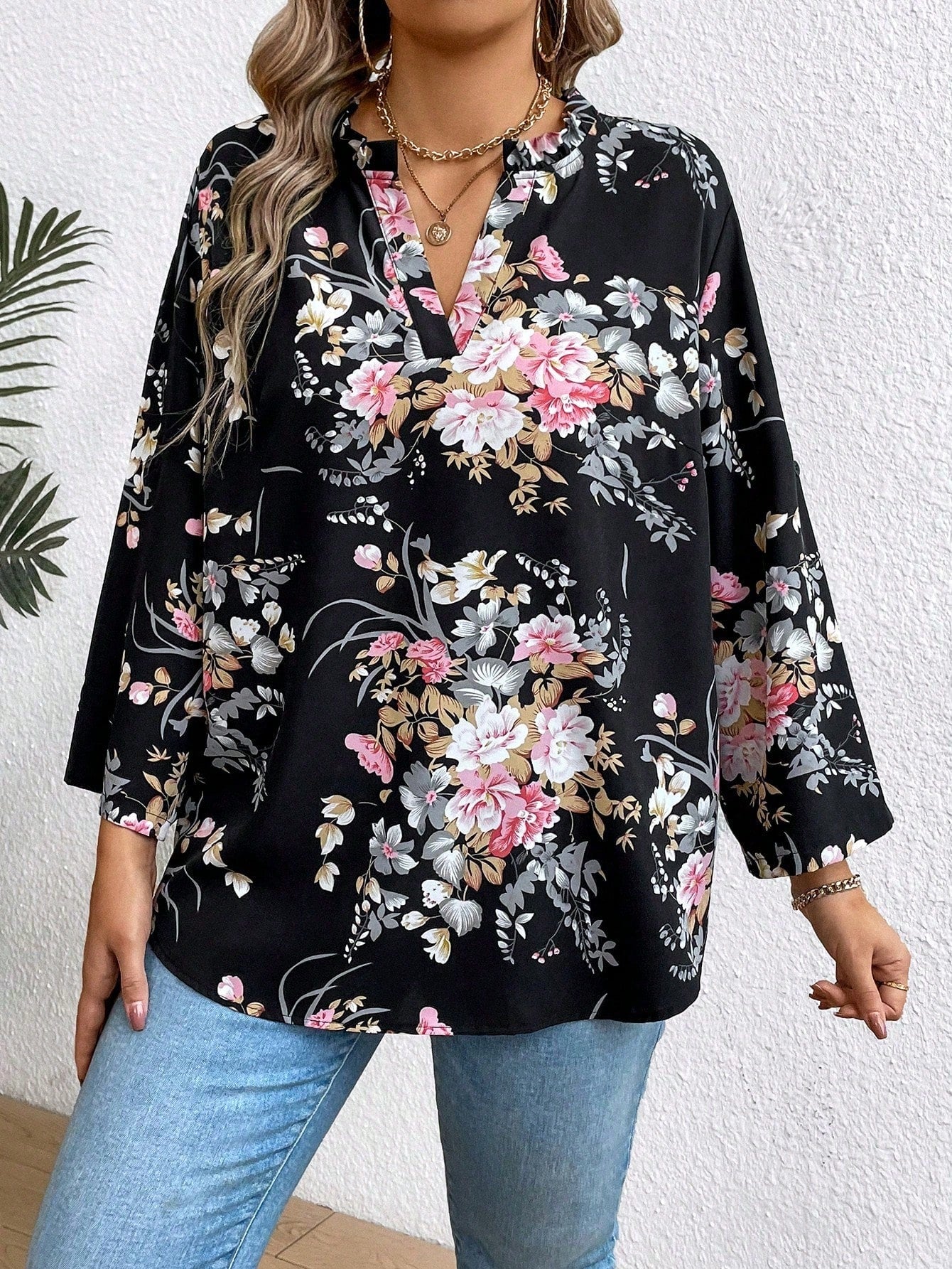 EMERY ROSE Plus Size Women's Floral Print Ruffle Sleeve Shirt Fall Cloth For Women