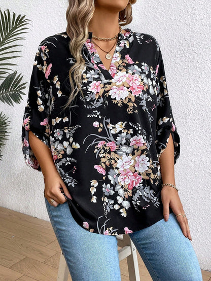 EMERY ROSE Plus Size Women's Floral Print Ruffle Sleeve Shirt Fall Cloth For Women
