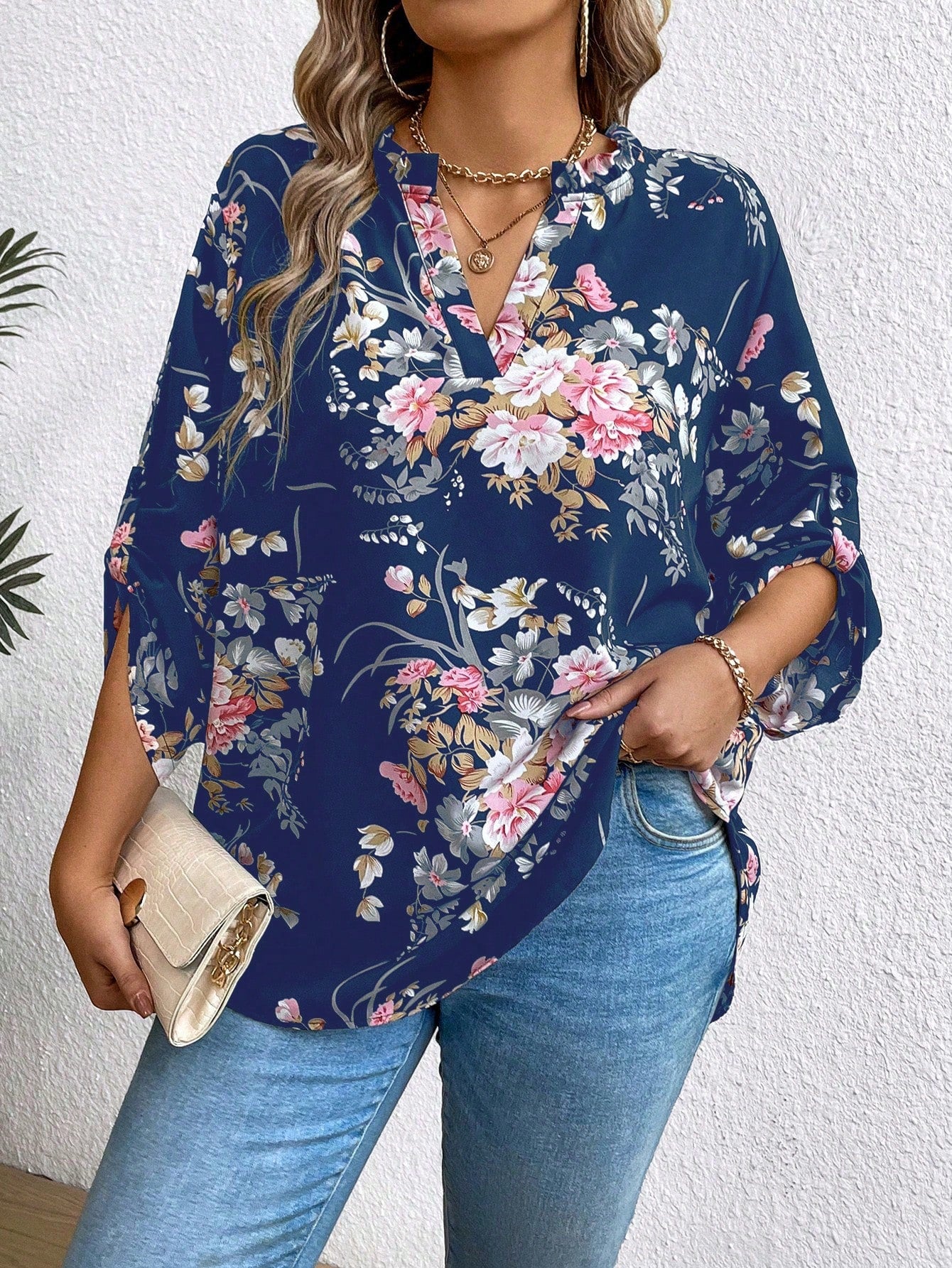 EMERY ROSE Plus Size Women's Floral Print Ruffle Sleeve Shirt Fall Cloth For Women