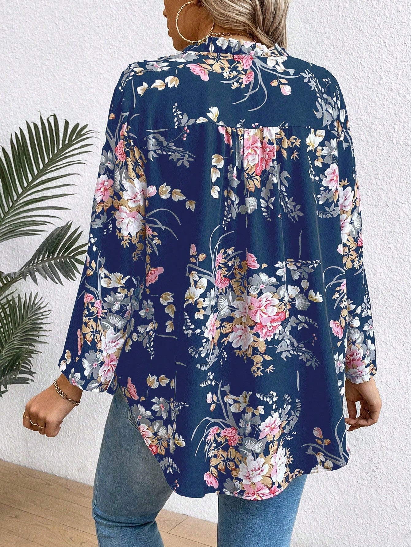 EMERY ROSE Plus Size Women's Floral Print Ruffle Sleeve Shirt Fall Cloth For Women