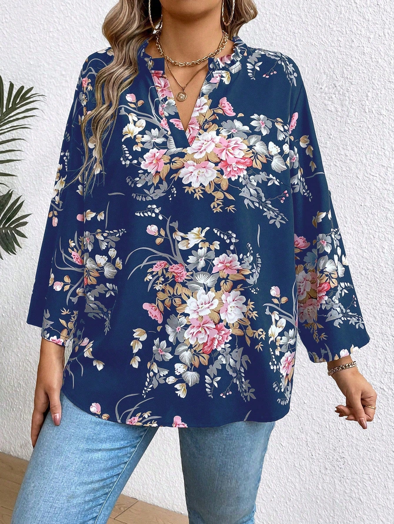 EMERY ROSE Plus Size Women's Floral Print Ruffle Sleeve Shirt Fall Cloth For Women