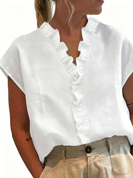 EMERY ROSE Plus Size Women's Solid Color Minimalist Short Sleeve Blouse With Lace Trim, Plus Size Shirt Top