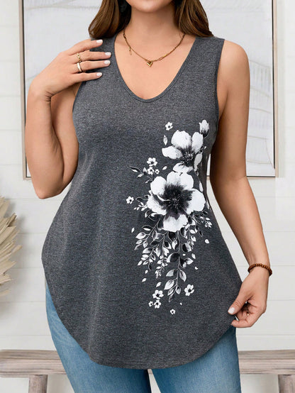 EMERY ROSE Plus Size Women's V-Neck Sleeveless Curved Hem Floral Patchwork Casual Top, Suitable For Spring And Summer Wear.