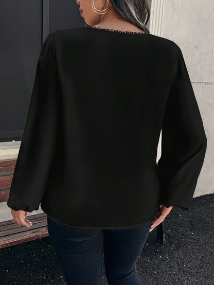 EMERY ROSE Plus Size Women Shirt,Leopard Print Contrast Collar & Placket,Loose Long Puff Sleeve V-Neck,Elegant Formal Evening Winter Black,Casual Commute Daily
