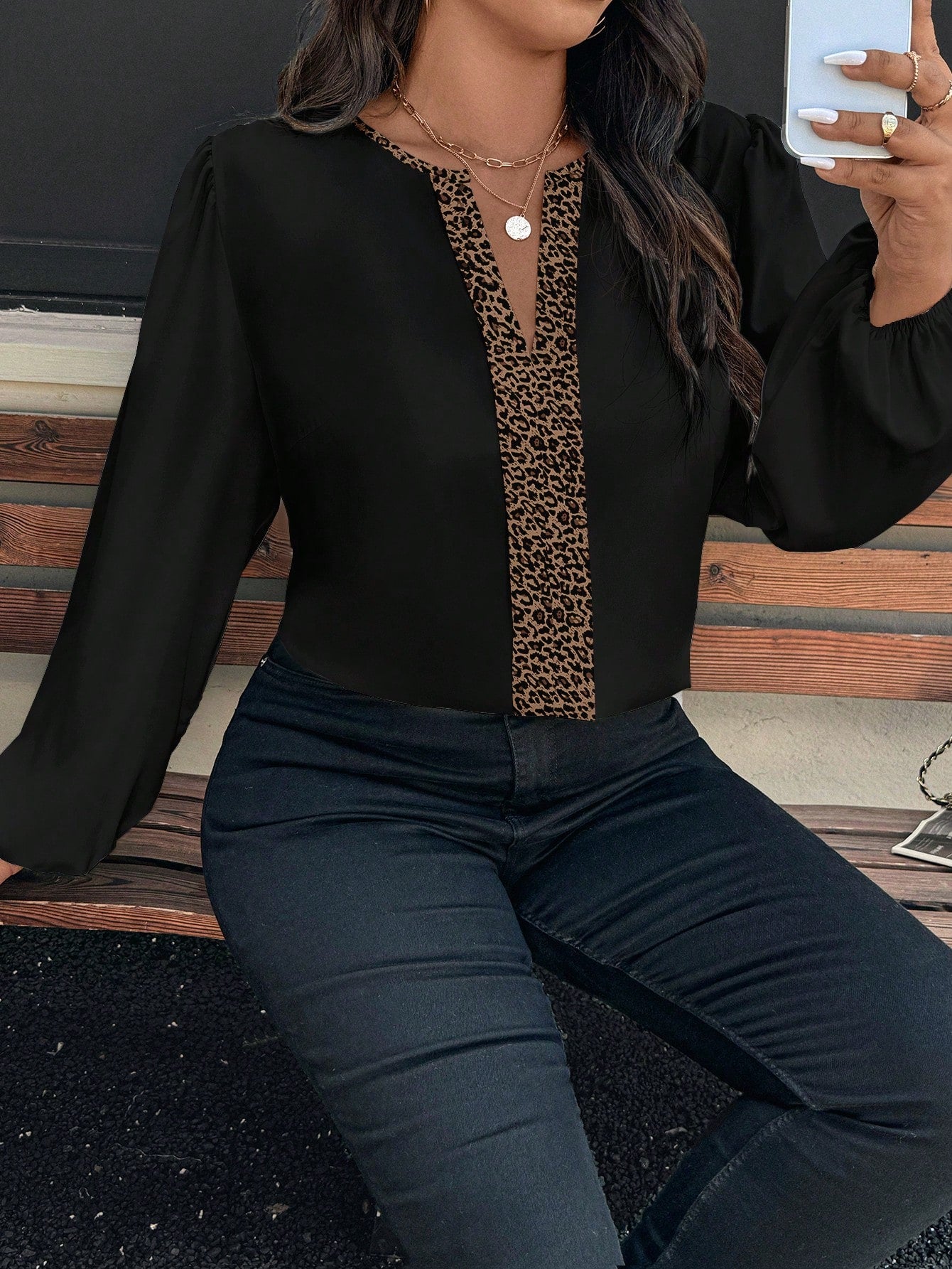 EMERY ROSE Plus Size Women Shirt,Leopard Print Contrast Collar & Placket,Loose Long Puff Sleeve V-Neck,Elegant Formal Evening Winter Black,Casual Commute Daily