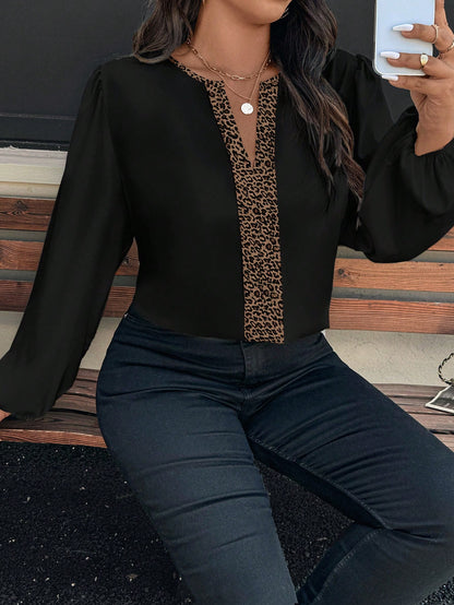EMERY ROSE Plus Size Women Shirt,Leopard Print Contrast Collar & Placket,Loose Long Puff Sleeve V-Neck,Elegant Formal Evening Winter Black,Casual Commute Daily