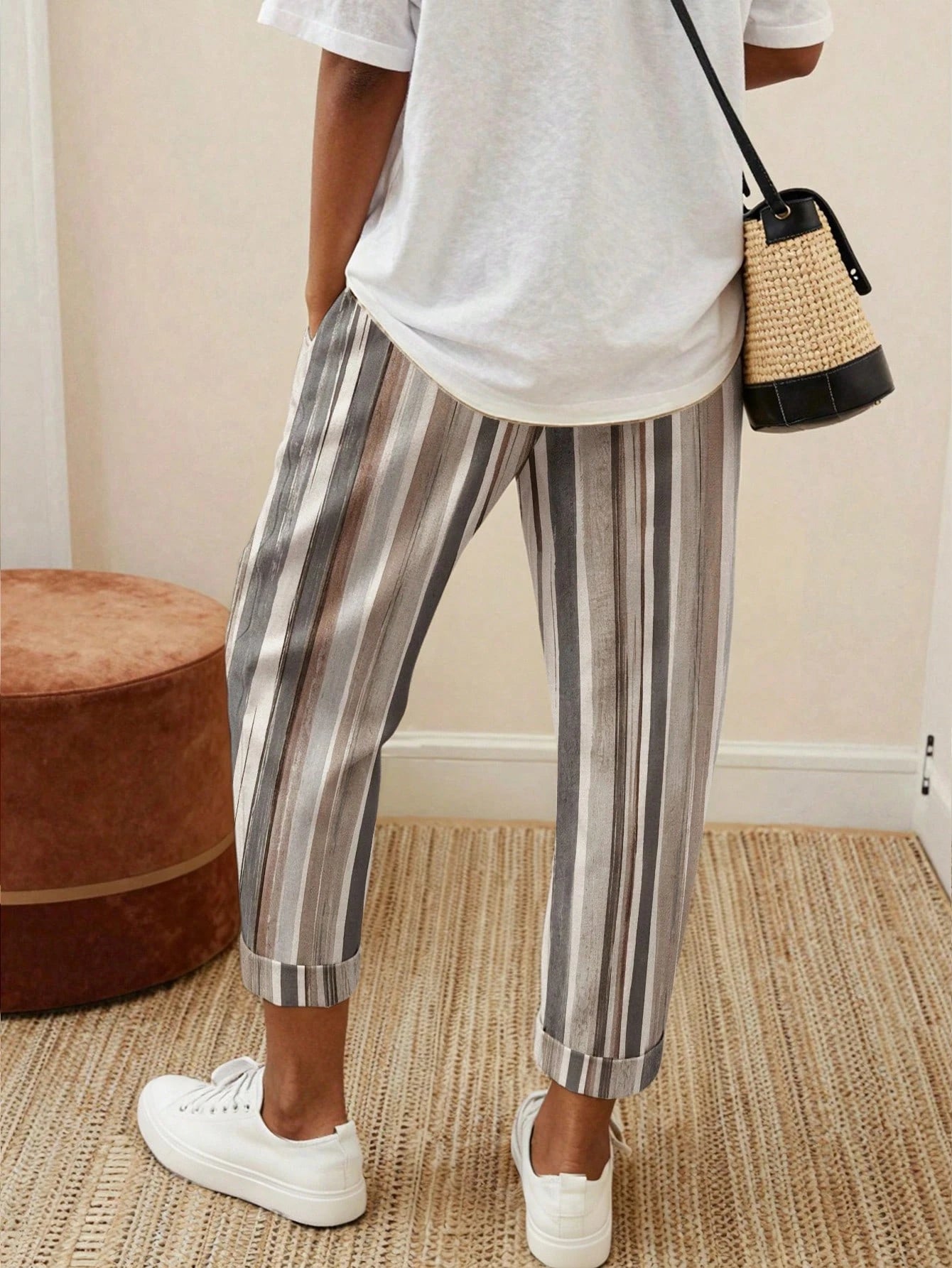 EMERY ROSE Retro Casual Black & White Vertical Striped Harem Pants