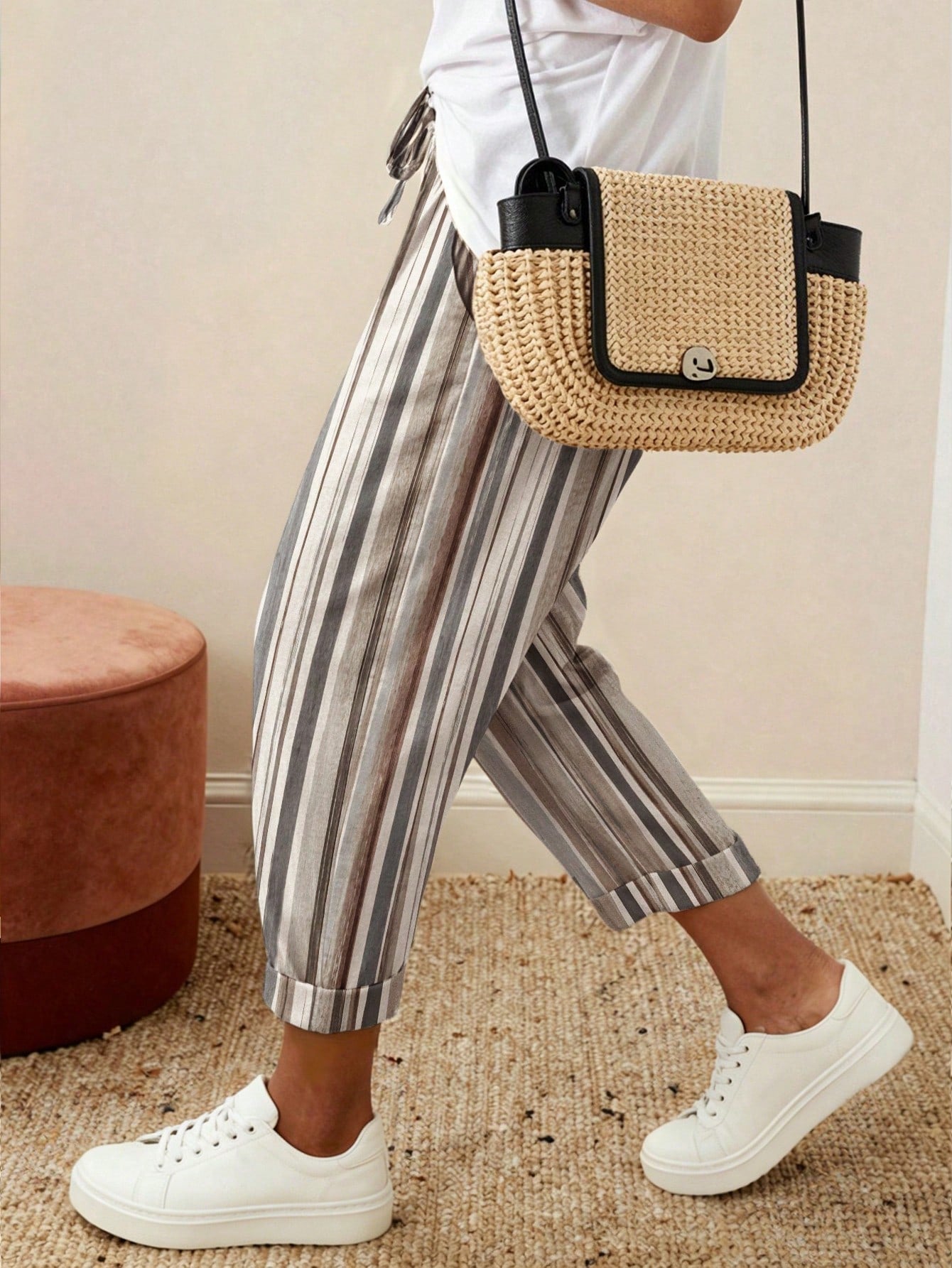EMERY ROSE Retro Casual Black & White Vertical Striped Harem Pants