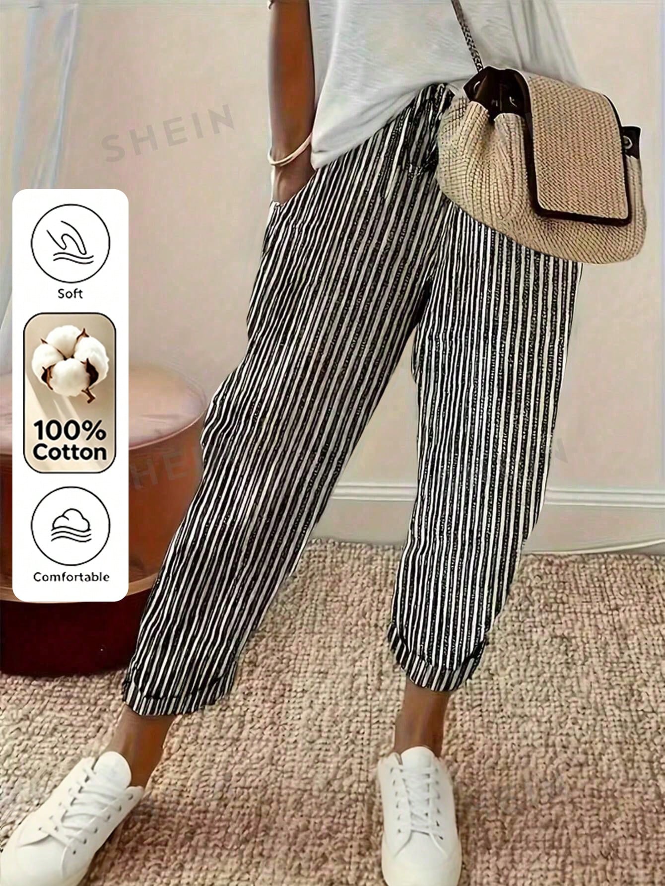 EMERY ROSE Retro Casual Black & White Vertical Striped Harem Pants