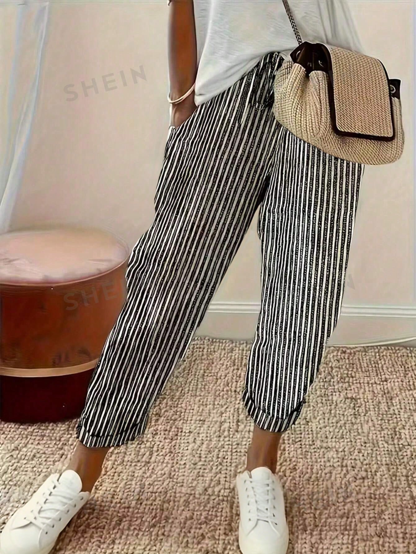 EMERY ROSE Retro Casual Black & White Vertical Striped Harem Pants