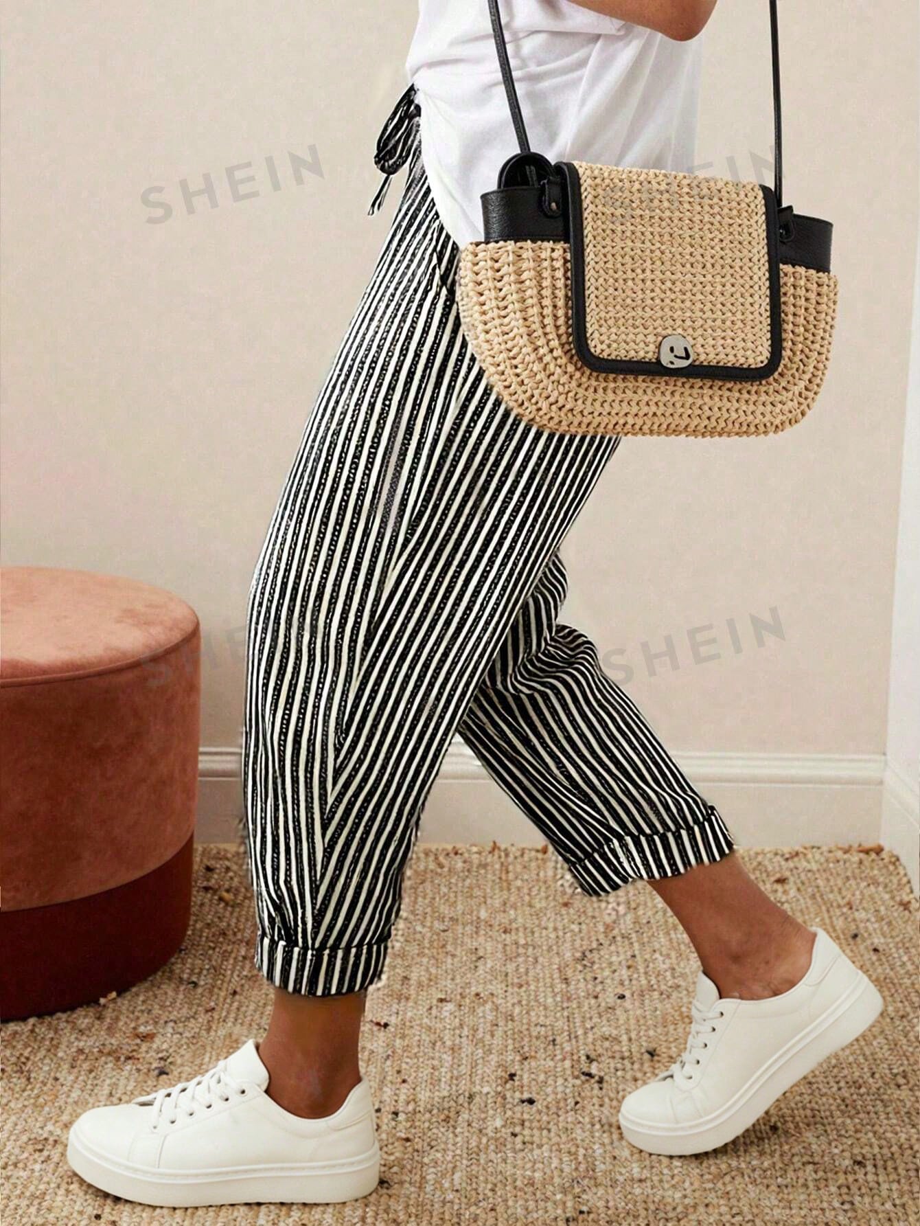 EMERY ROSE Retro Casual Black & White Vertical Striped Harem Pants