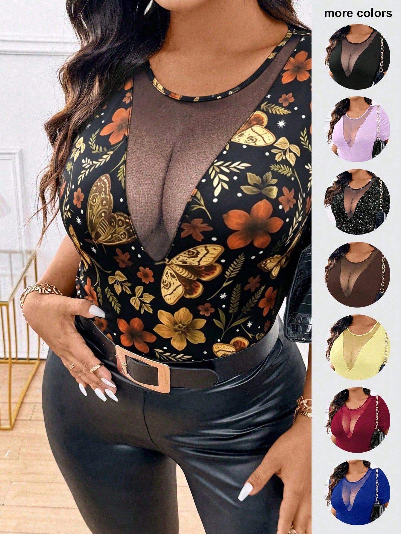 EMERY ROSE V-Neck Sheer Design Elegant Romantic Fitted Short Sleeve T-Shirt