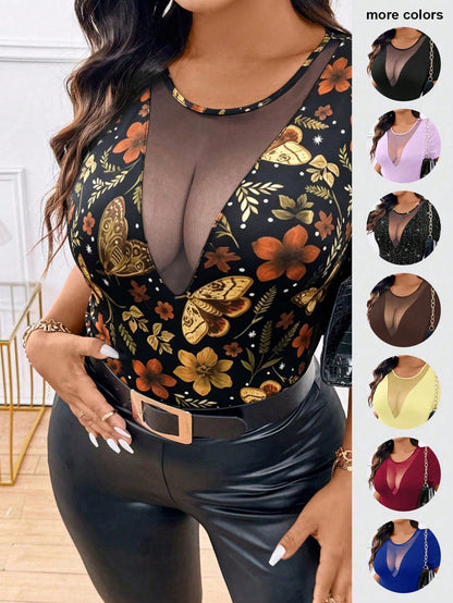 EMERY ROSE V-Neck Sheer Design Elegant Romantic Fitted Short Sleeve T-Shirt