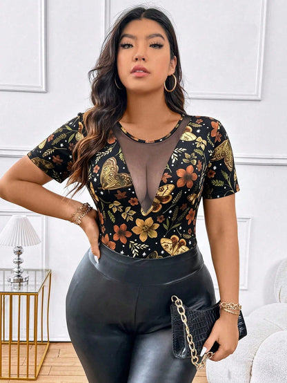 EMERY ROSE V-Neck Sheer Design Elegant Romantic Fitted Short Sleeve T-Shirt