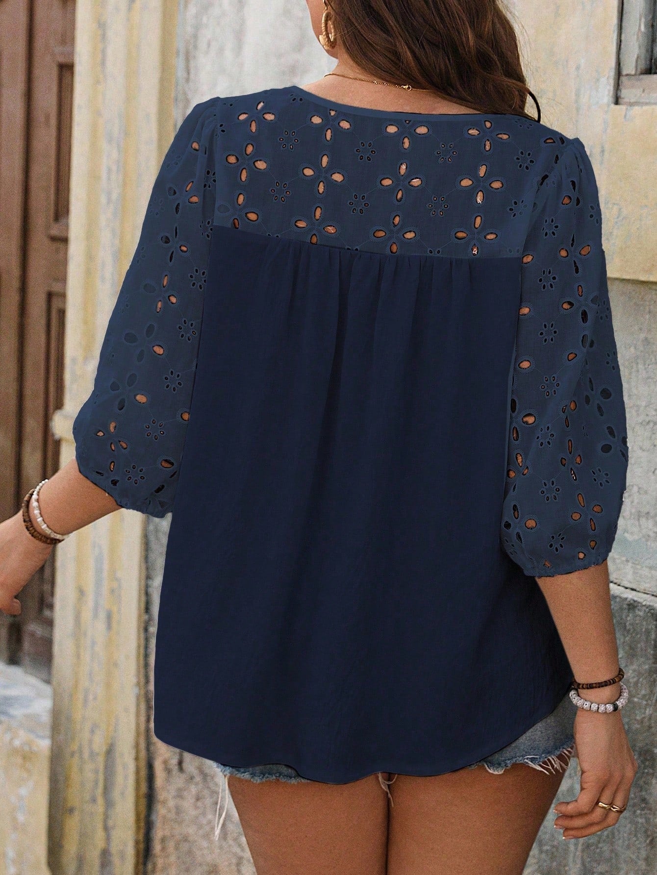 EMERY ROSE Women Plus Size Navy Blue Summer Elegant Vacation Holiday Patchwork Hollow Short Sleeve Blouse,Formal Business Casual Tops,Elegant Shirts For Women