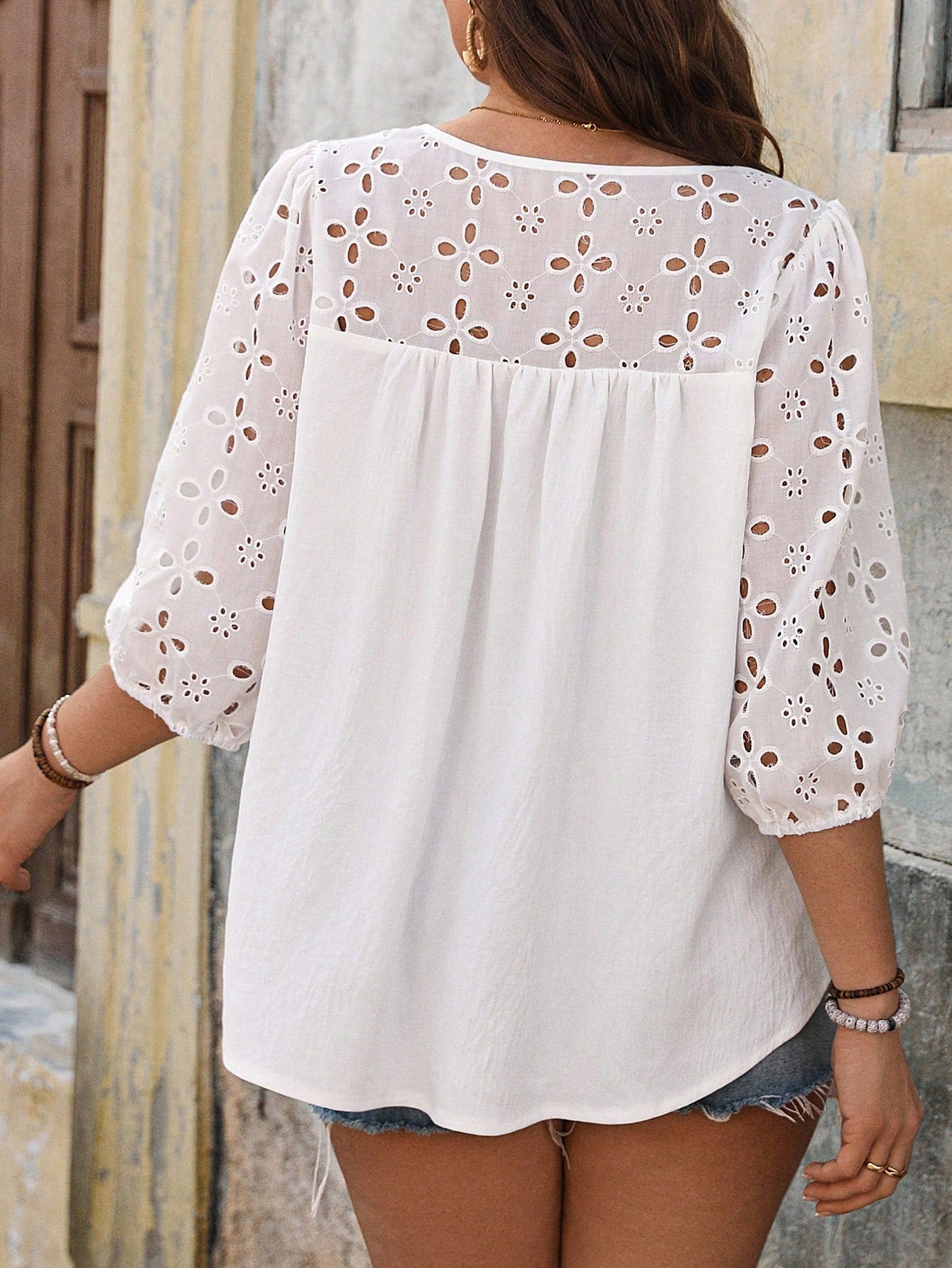 EMERY ROSE Women Plus Size Navy Blue Summer Elegant Vacation Holiday Patchwork Hollow Short Sleeve Blouse,Formal Business Casual Tops,Elegant Shirts For Women