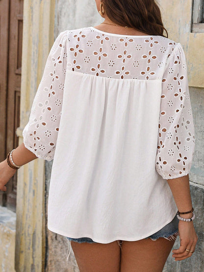 EMERY ROSE Women Plus Size Navy Blue Summer Elegant Vacation Holiday Patchwork Hollow Short Sleeve Blouse,Formal Business Casual Tops,Elegant Shirts For Women