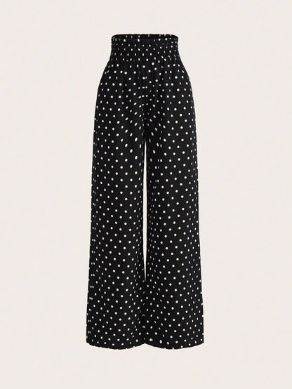 EMERY ROSE Women's Fashion Casual Polka Dot Print Wide Leg Pants