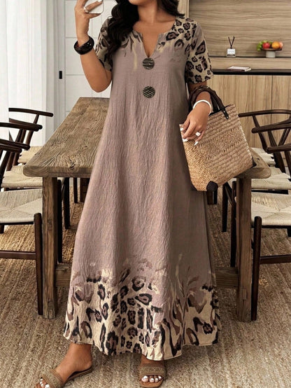 EMERY ROSE Women's Leopard Print Cutout Neck Casual Boho Short Sleeve Dress Summer Outfits For Women Dresses Vacation Holiday Vacation Shades Of Brown Vacation