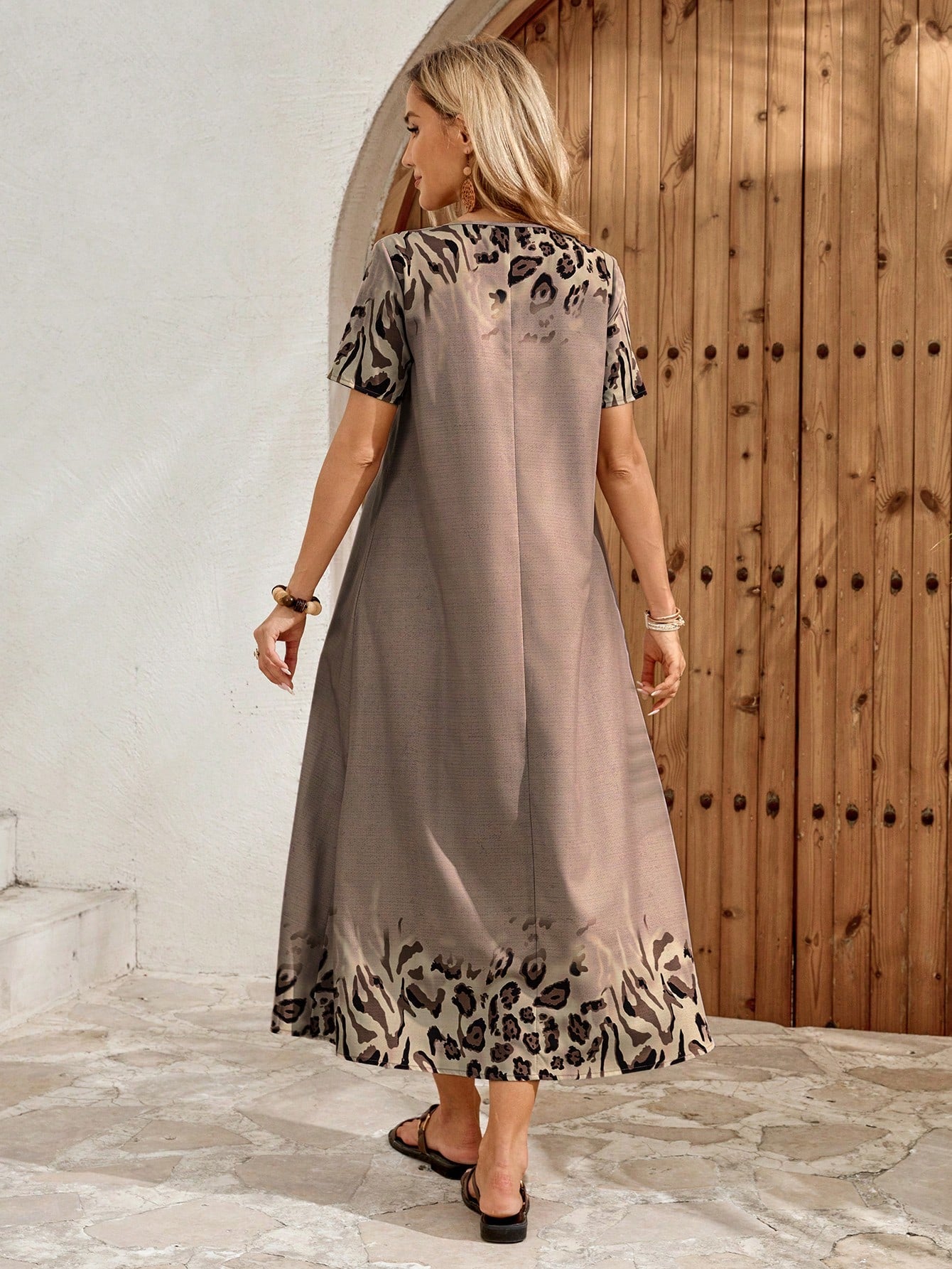 EMERY ROSE Women's Leopard Print Cutout Neck Casual Boho Short Sleeve Dress Summer Outfits For Women Dresses Vacation Holiday Vacation Shades Of Brown Vacation