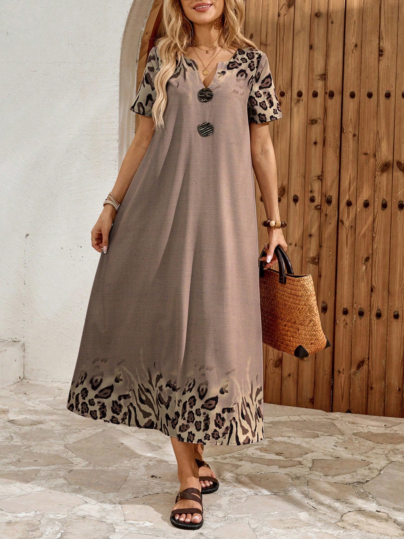EMERY ROSE Women's Leopard Print Cutout Neck Casual Boho Short Sleeve Dress Summer Outfits For Women Dresses Vacation Holiday Vacation Shades Of Brown Vacation