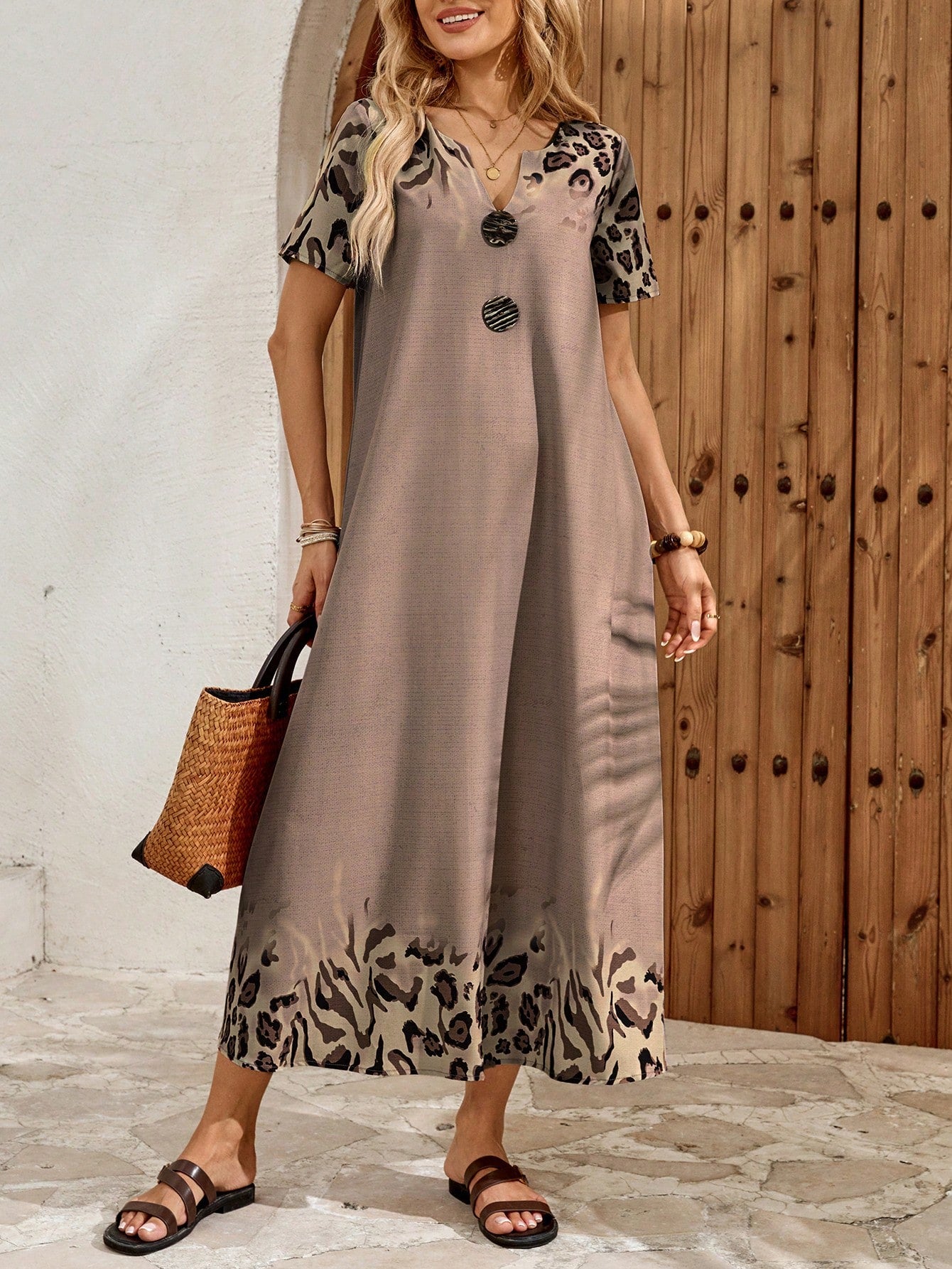 EMERY ROSE Women's Leopard Print Cutout Neck Casual Boho Short Sleeve Dress Summer Outfits For Women Dresses Vacation Holiday Vacation Shades Of Brown Vacation