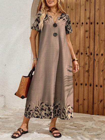 EMERY ROSE Women's Leopard Print Cutout Neck Casual Boho Short Sleeve Dress Summer Outfits For Women Dresses Vacation Holiday Vacation Shades Of Brown Vacation