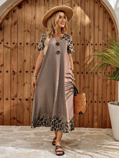 EMERY ROSE Women's Leopard Print Cutout Neck Casual Boho Short Sleeve Dress Summer Outfits For Women Dresses Vacation Holiday Vacation Shades Of Brown Vacation