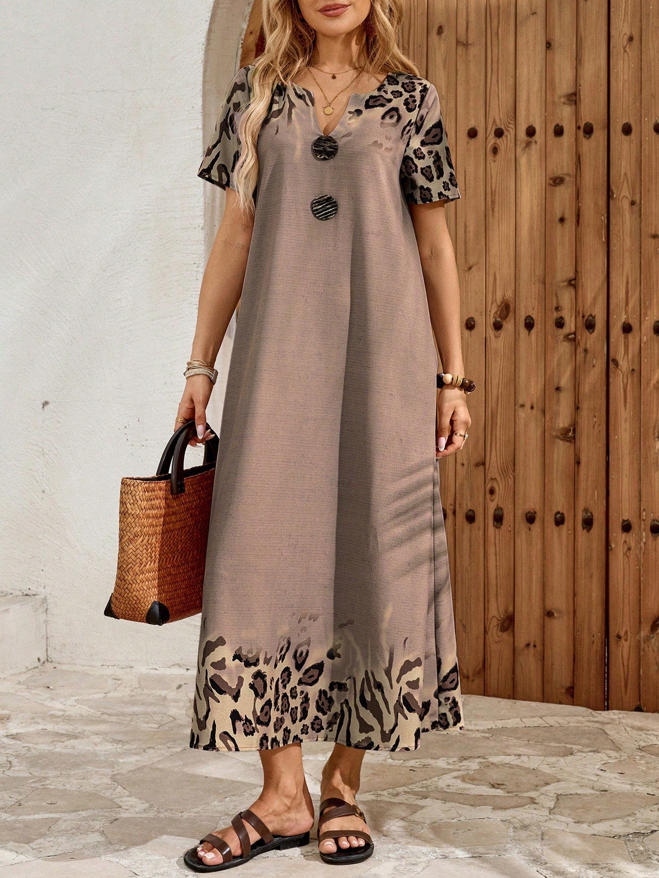 EMERY ROSE Women's Leopard Print Cutout Neck Casual Boho Short Sleeve Dress Summer Outfits For Women Dresses Vacation Holiday Vacation Shades Of Brown Vacation
